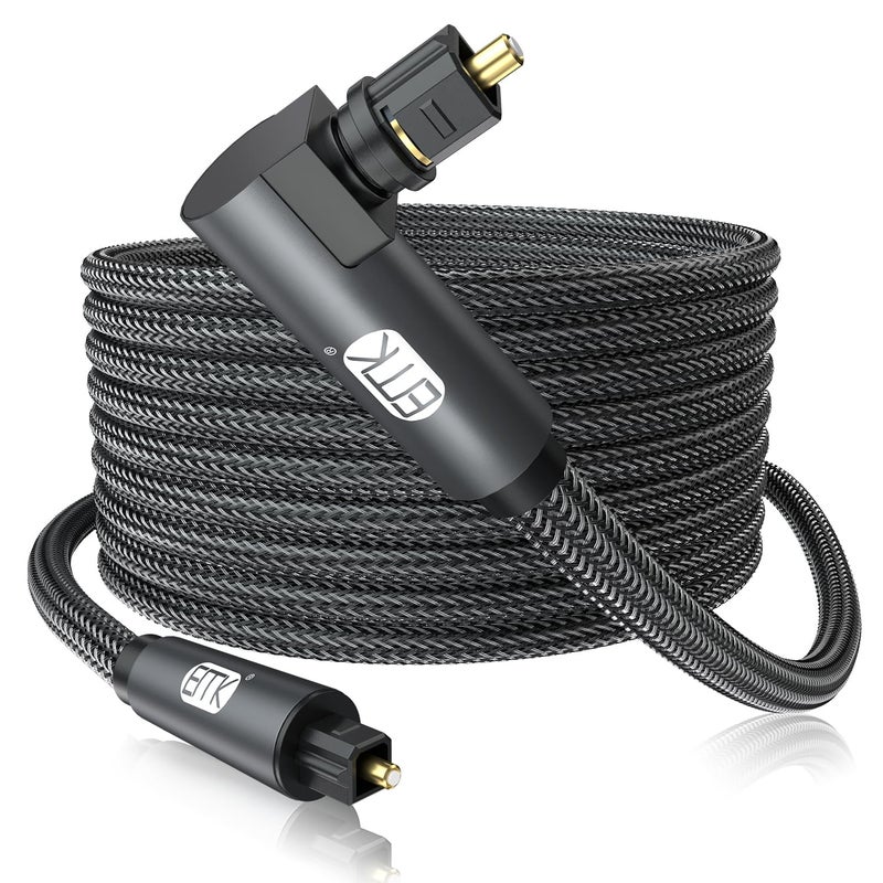 EMK 90 Degree Toslink Optical Cable 360 Degree Free-Rotating Plug Fiber Optic Cable S/PDIF Toslink Male to Male Cable for Home Theater, Sound Bar, TV, PS4, Xbox,Grey (25ft/7.6m) - Image 1